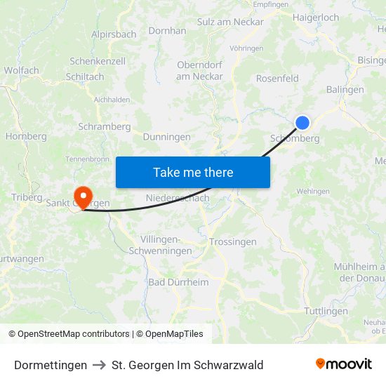 Dormettingen to St. Georgen Im Schwarzwald map