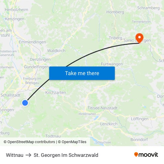 Wittnau to St. Georgen Im Schwarzwald map
