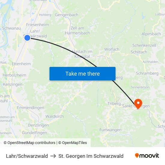 Lahr/Schwarzwald to St. Georgen Im Schwarzwald map