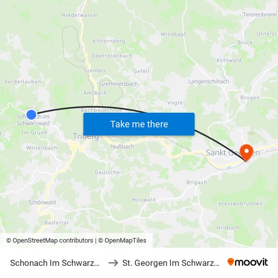Schonach Im Schwarzwald to St. Georgen Im Schwarzwald map