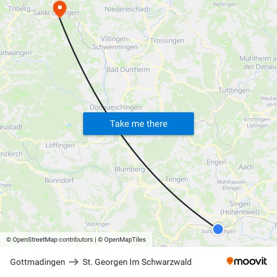 Gottmadingen to St. Georgen Im Schwarzwald map