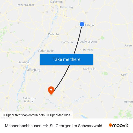 Massenbachhausen to St. Georgen Im Schwarzwald map