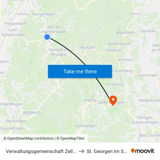 Verwaltungsgemeinschaft Zell am Harmersbach to St. Georgen Im Schwarzwald map
