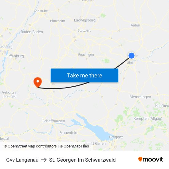 Gvv Langenau to St. Georgen Im Schwarzwald map