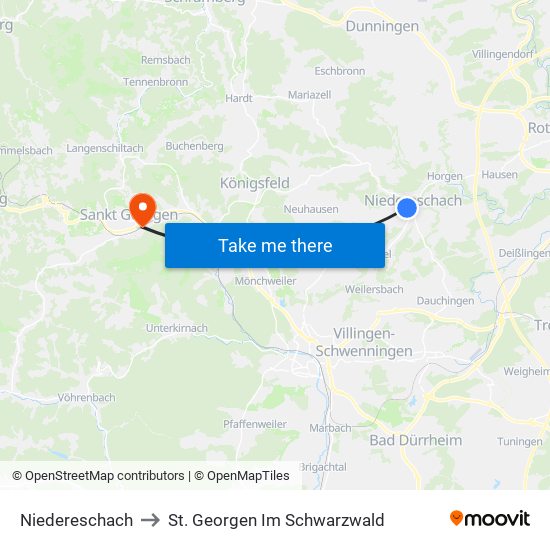 Niedereschach to St. Georgen Im Schwarzwald map