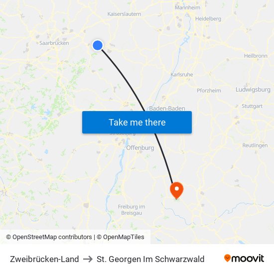 Zweibrücken-Land to St. Georgen Im Schwarzwald map