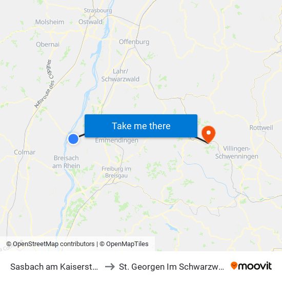 Sasbach am Kaiserstuhl to St. Georgen Im Schwarzwald map