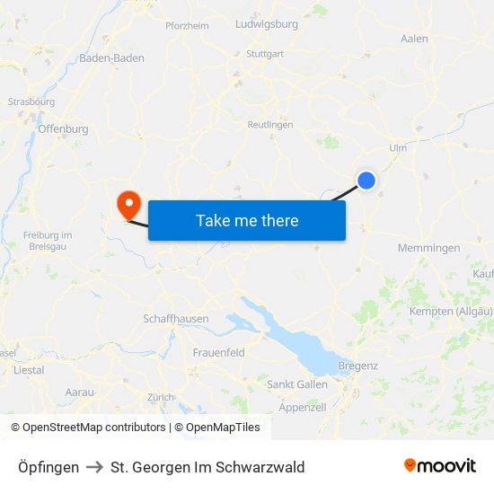 Öpfingen to St. Georgen Im Schwarzwald map
