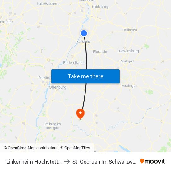 Linkenheim-Hochstetten to St. Georgen Im Schwarzwald map