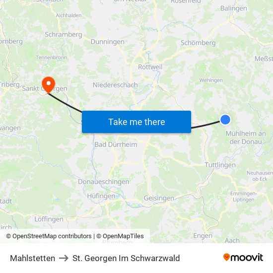 Mahlstetten to St. Georgen Im Schwarzwald map