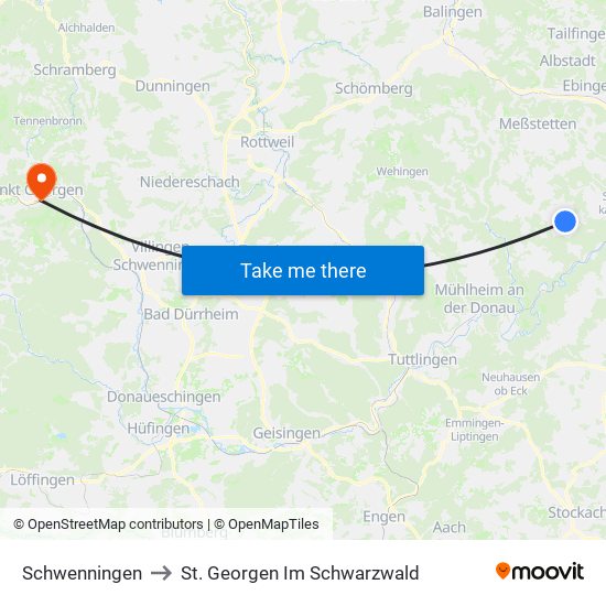 Schwenningen to St. Georgen Im Schwarzwald map