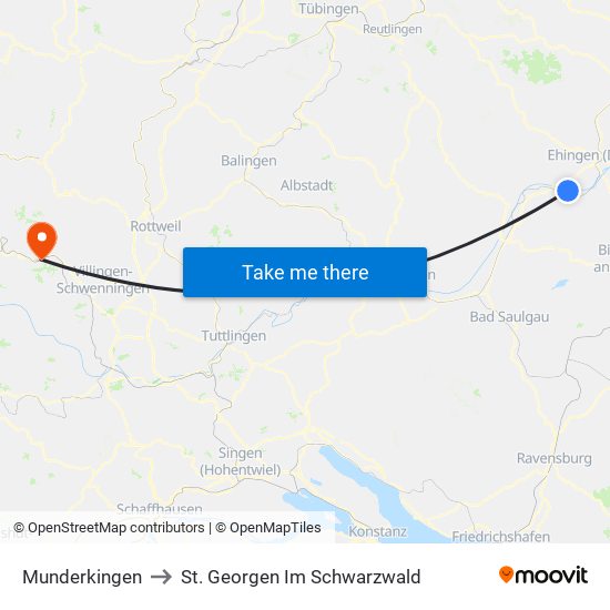 Munderkingen to St. Georgen Im Schwarzwald map