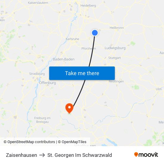 Zaisenhausen to St. Georgen Im Schwarzwald map