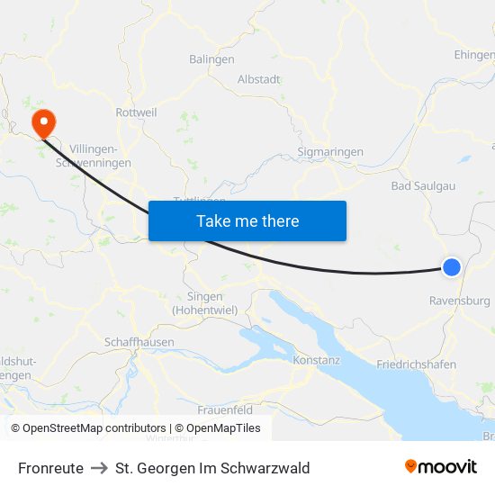 Fronreute to St. Georgen Im Schwarzwald map
