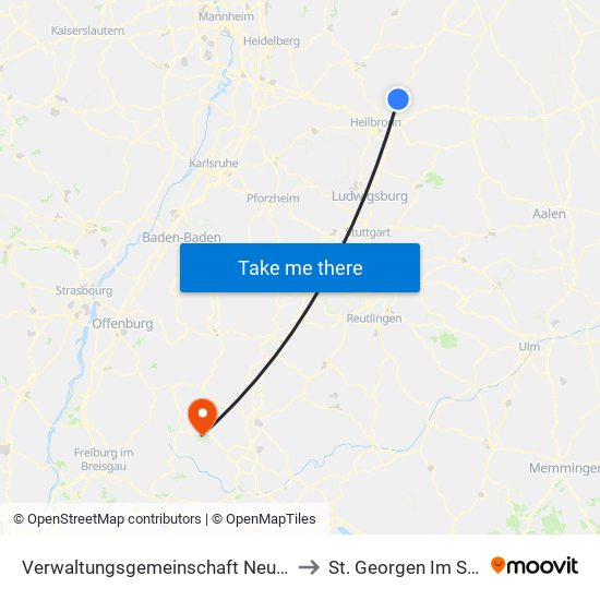 Verwaltungsgemeinschaft Neuenstadt am Kocher to St. Georgen Im Schwarzwald map