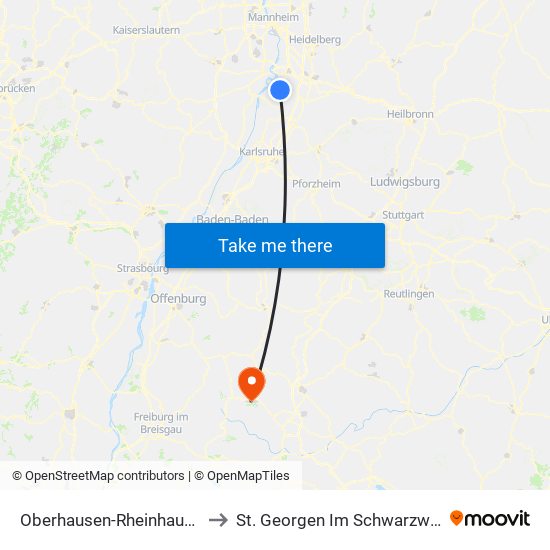 Oberhausen-Rheinhausen to St. Georgen Im Schwarzwald map