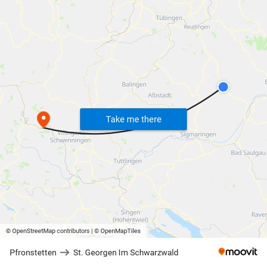 Pfronstetten to St. Georgen Im Schwarzwald map