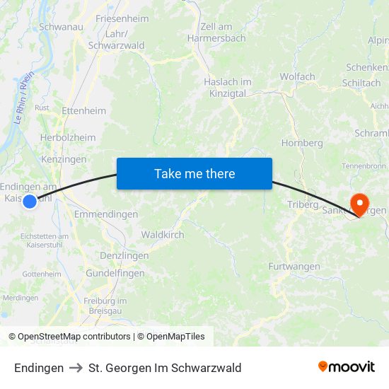 Endingen to St. Georgen Im Schwarzwald map