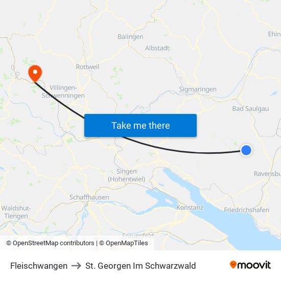 Fleischwangen to St. Georgen Im Schwarzwald map