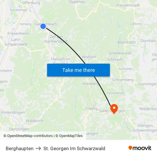 Berghaupten to St. Georgen Im Schwarzwald map