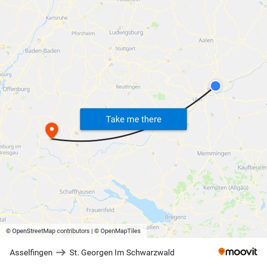 Asselfingen to St. Georgen Im Schwarzwald map