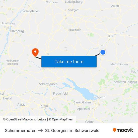 Schemmerhofen to St. Georgen Im Schwarzwald map