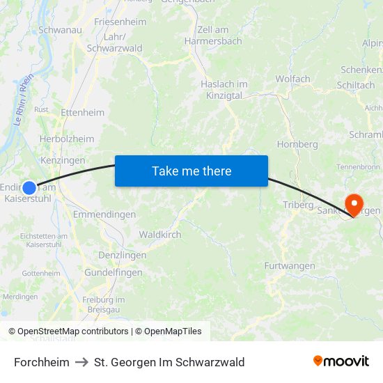 Forchheim to St. Georgen Im Schwarzwald map