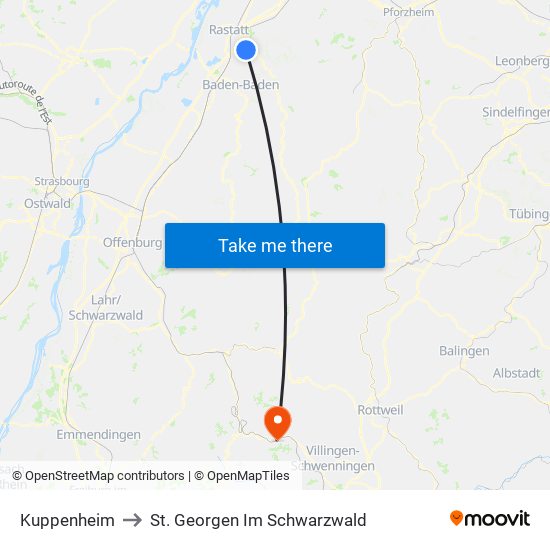 Kuppenheim to St. Georgen Im Schwarzwald map