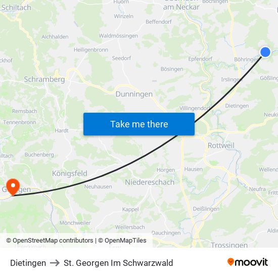 Dietingen to St. Georgen Im Schwarzwald map