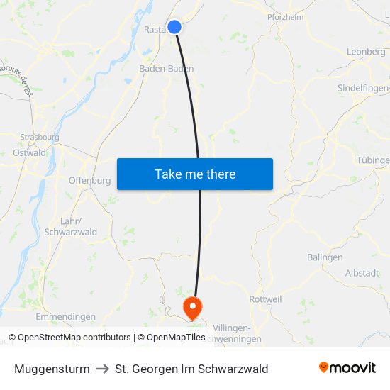 Muggensturm to St. Georgen Im Schwarzwald map