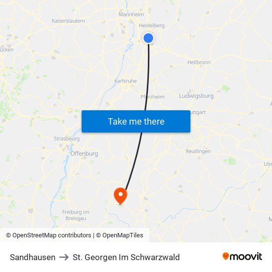 Sandhausen to St. Georgen Im Schwarzwald map