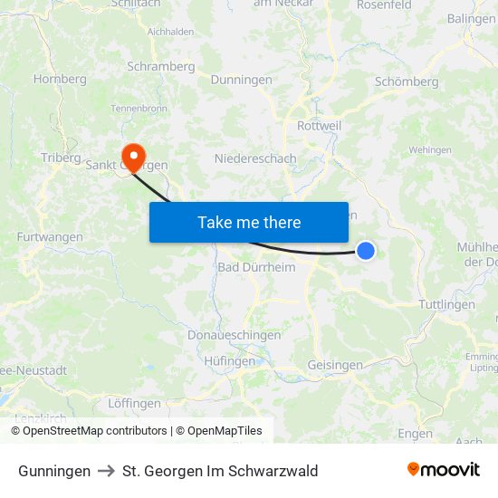 Gunningen to St. Georgen Im Schwarzwald map