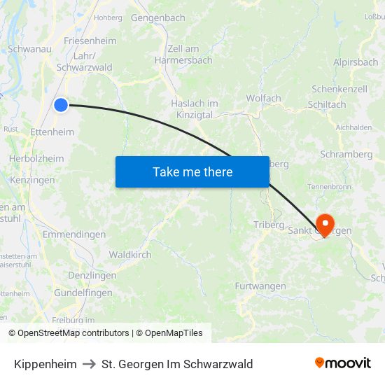Kippenheim to St. Georgen Im Schwarzwald map