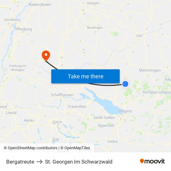Bergatreute to St. Georgen Im Schwarzwald map