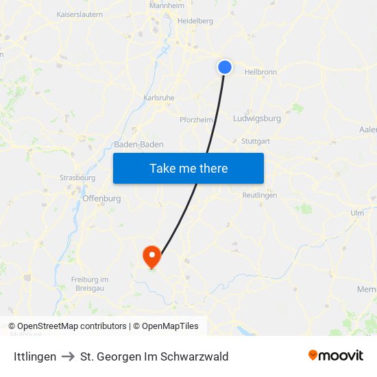 Ittlingen to St. Georgen Im Schwarzwald map