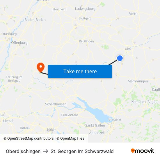 Oberdischingen to St. Georgen Im Schwarzwald map