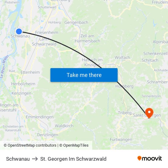 Schwanau to St. Georgen Im Schwarzwald map