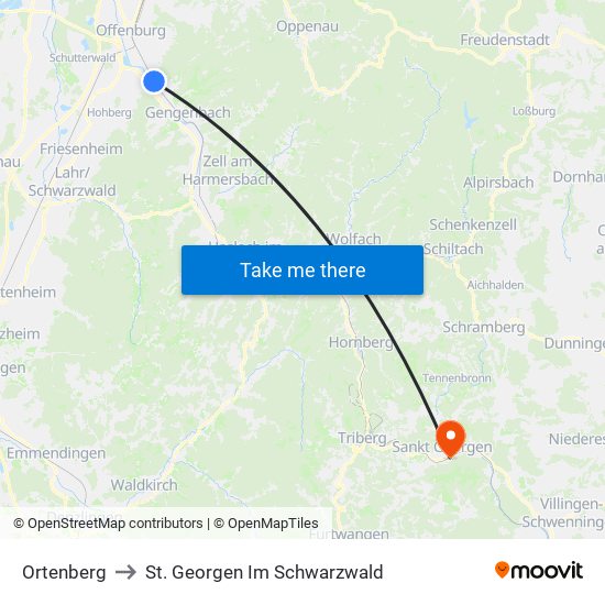 Ortenberg to St. Georgen Im Schwarzwald map