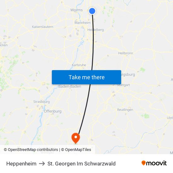 Heppenheim to St. Georgen Im Schwarzwald map