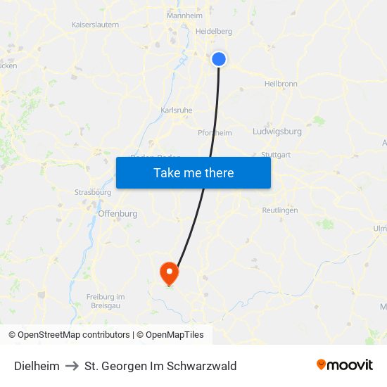 Dielheim to St. Georgen Im Schwarzwald map