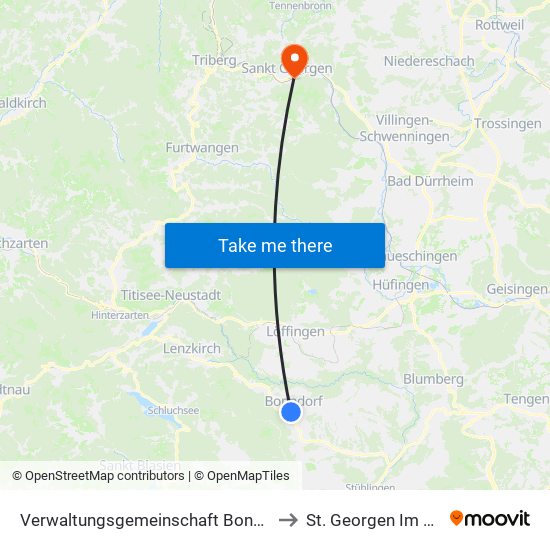 Verwaltungsgemeinschaft Bonndorf Im Schwarzwald to St. Georgen Im Schwarzwald map
