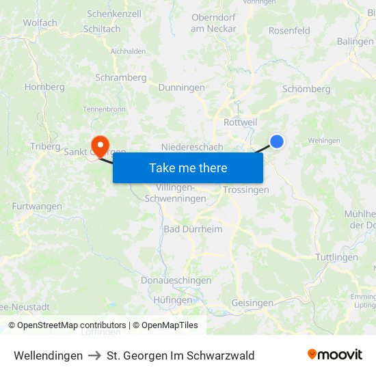 Wellendingen to St. Georgen Im Schwarzwald map