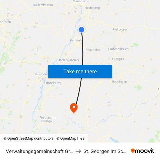 Verwaltungsgemeinschaft Graben-Neudorf to St. Georgen Im Schwarzwald map