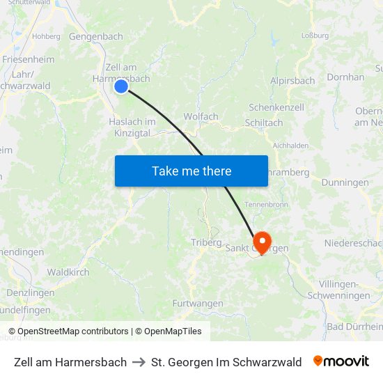 Zell am Harmersbach to St. Georgen Im Schwarzwald map