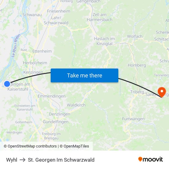 Wyhl to St. Georgen Im Schwarzwald map