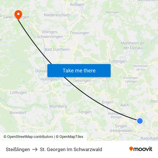 Steißlingen to St. Georgen Im Schwarzwald map