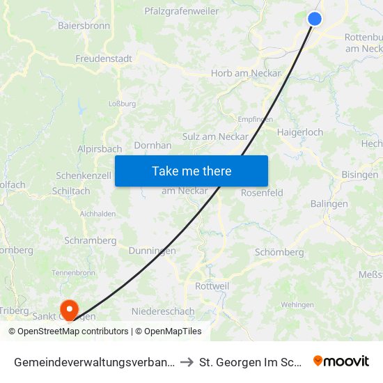 Gemeindeverwaltungsverband Oberes Gäu to St. Georgen Im Schwarzwald map