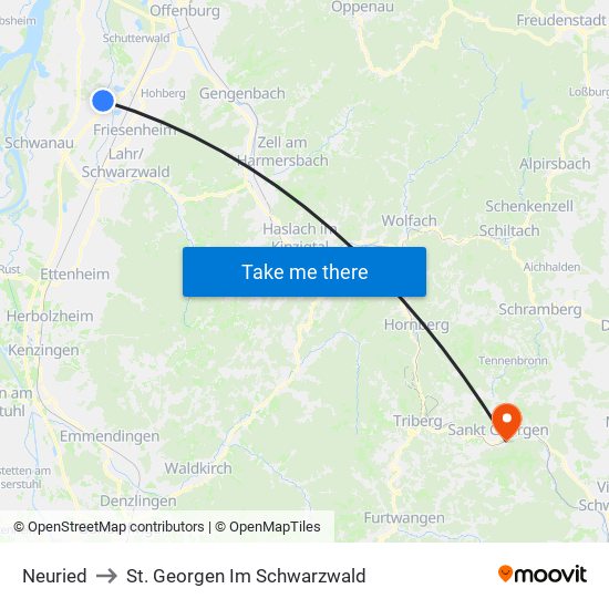 Neuried to St. Georgen Im Schwarzwald map