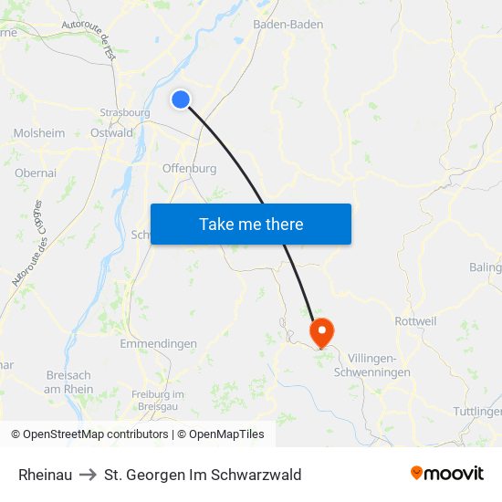 Rheinau to St. Georgen Im Schwarzwald map