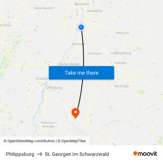 Philippsburg to St. Georgen Im Schwarzwald map